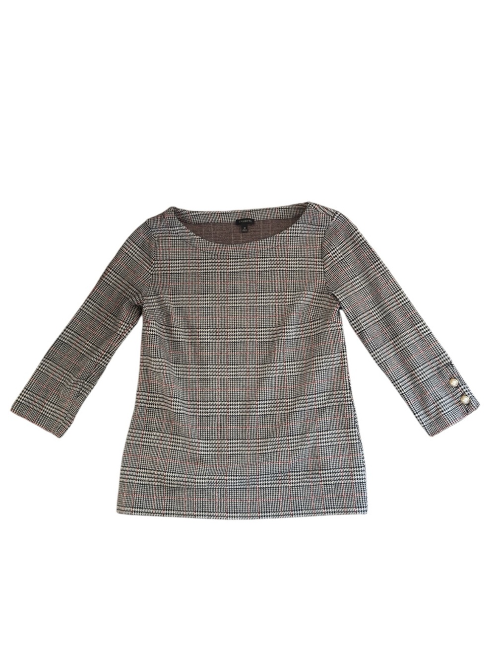 Talbots Women’s M Houndstooth Plaid Top Boatneck 3/4 Sleeve Pearl Button Cuffs